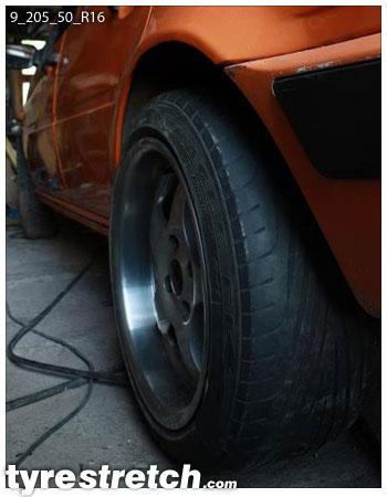 An example of tyre stretch: 205/50 R16 on 9.0J