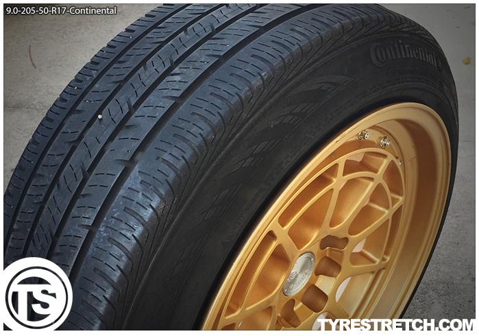 An example of tyre stretch: 205/50 R17 on 9.0J – CONTINENTAL