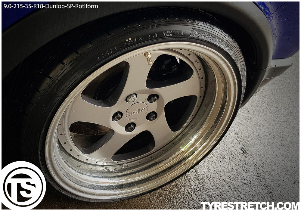 An example of tyre stretch: 215/35 R18 on 9.0J – DUNLOP (ROTIFORM)