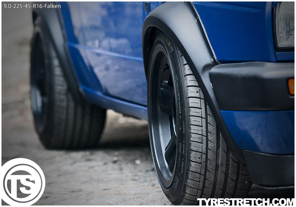 An example of tyre stretch: 225/45 R16 on 9.0J – FALKEN