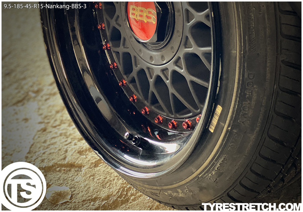 An example of tyre stretch: 185/45 R15 on 9.5J – NANKANG (BBS)