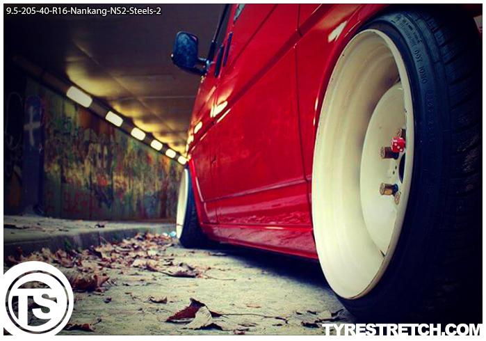 An example of tyre stretch: 205/40 R16 on 9.5J – NANKANG (STEELS)